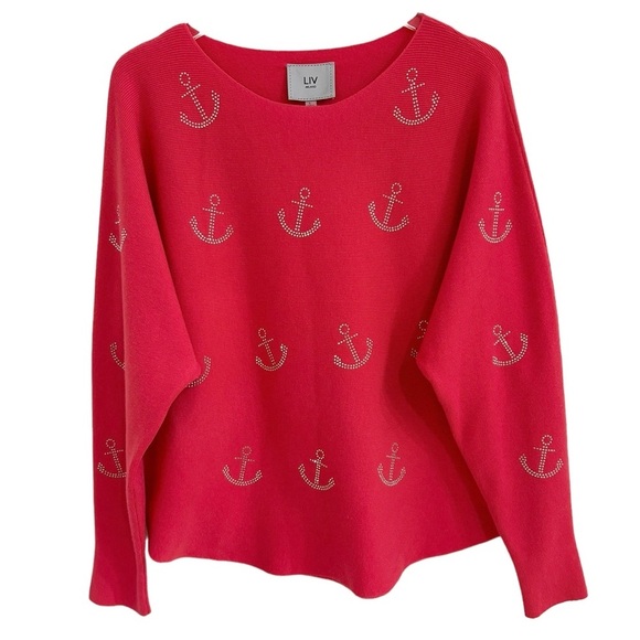 LIV MILANO STRAWBERRY RED JEWELED RHINESTONE NAUTICAL ANCHOR TOP SWEATER SZ L - Picture 2 of 4